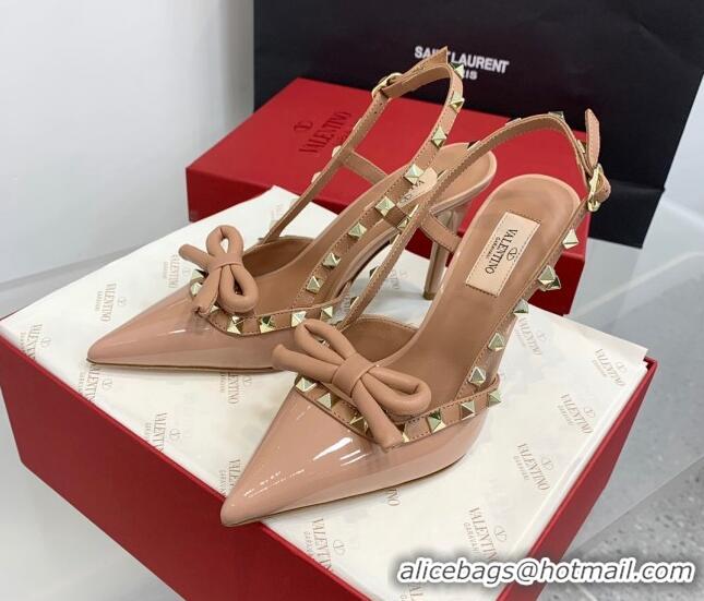 Stylish Valentino Rockstud Bow Slingback Pumps in Patent Leather 10cm Rose Nude 214108 