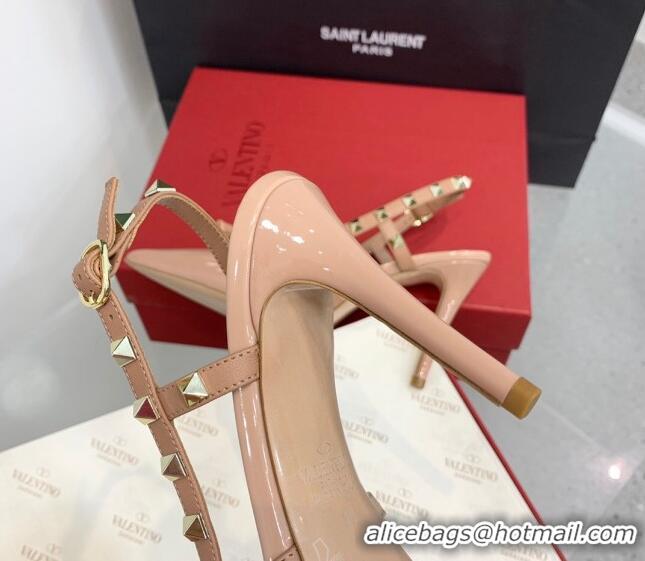 Stylish Valentino Rockstud Bow Slingback Pumps in Patent Leather 10cm Rose Nude 214108 