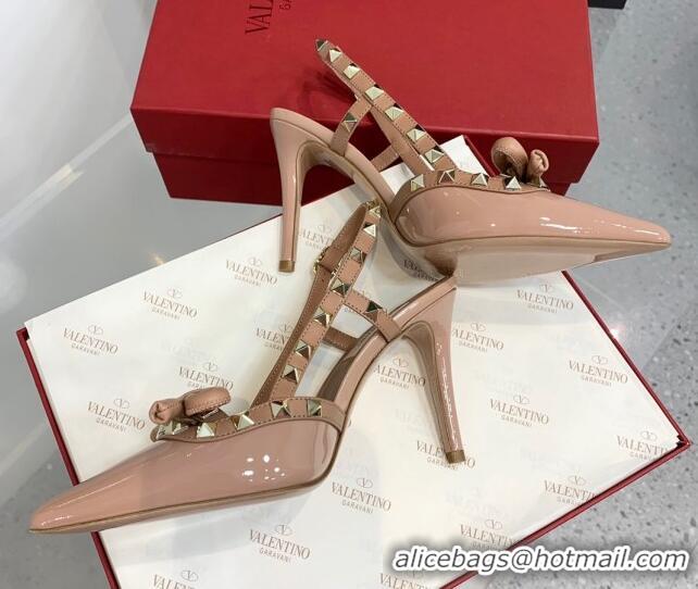 Stylish Valentino Rockstud Bow Slingback Pumps in Patent Leather 10cm Rose Nude 214108 