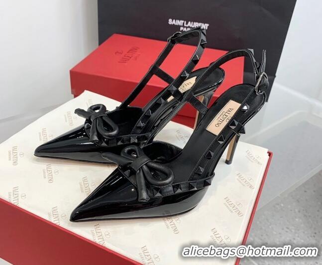 Charming Valentino Rockstud Bow Slingback Pumps in Patent Leather 10cm All Black 214109