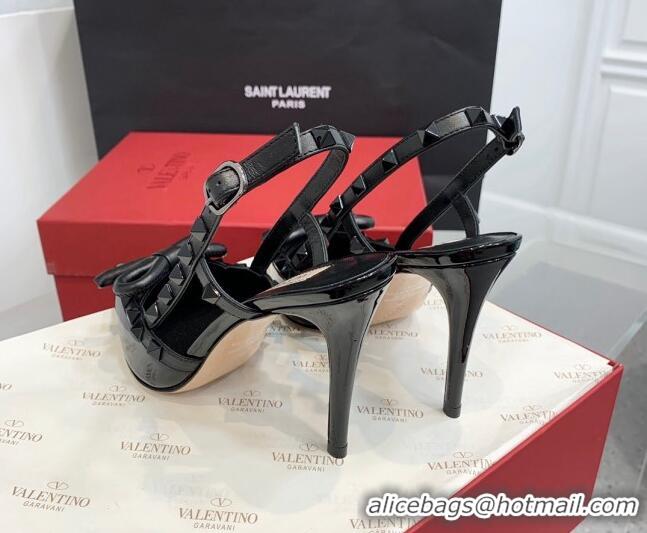 Charming Valentino Rockstud Bow Slingback Pumps in Patent Leather 10cm All Black 214109