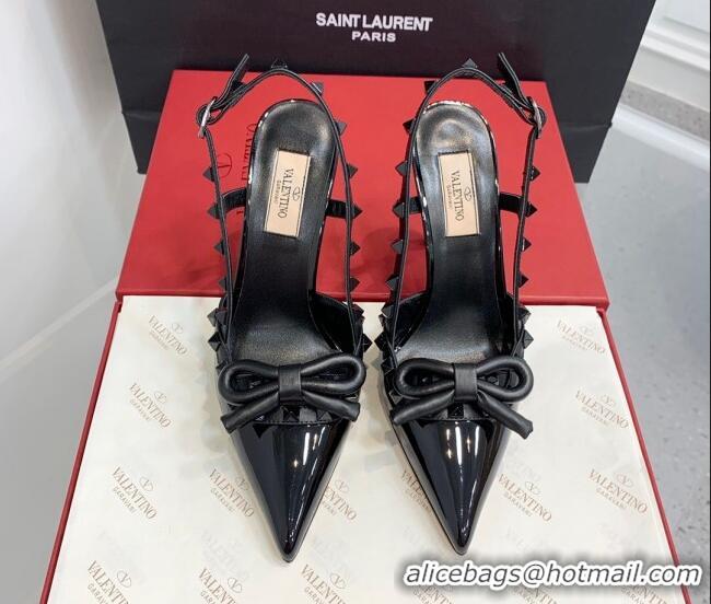 Charming Valentino Rockstud Bow Slingback Pumps in Patent Leather 10cm All Black 214109