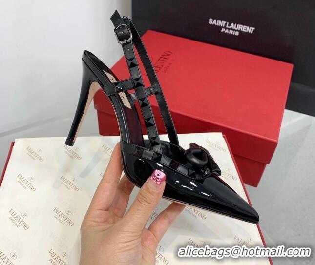 Charming Valentino Rockstud Bow Slingback Pumps in Patent Leather 10cm All Black 214109