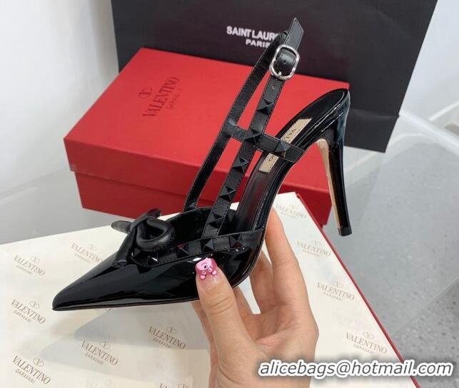 Charming Valentino Rockstud Bow Slingback Pumps in Patent Leather 10cm All Black 214109