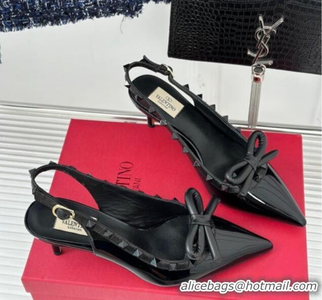 Hot Style Valentino Rockstud Bow Slingback Pumps in Patent Calf Leather 6cm All Black 1214110