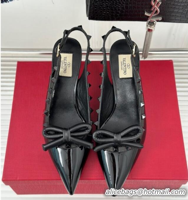 Hot Style Valentino Rockstud Bow Slingback Pumps in Patent Calf Leather 6cm All Black 1214110