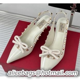 Grade Valentino Rockstud Bow Slingback Pumps in Patent Calf Leather 6cm White 1214111