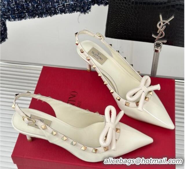 Grade Valentino Rockstud Bow Slingback Pumps in Patent Calf Leather 6cm White 1214111