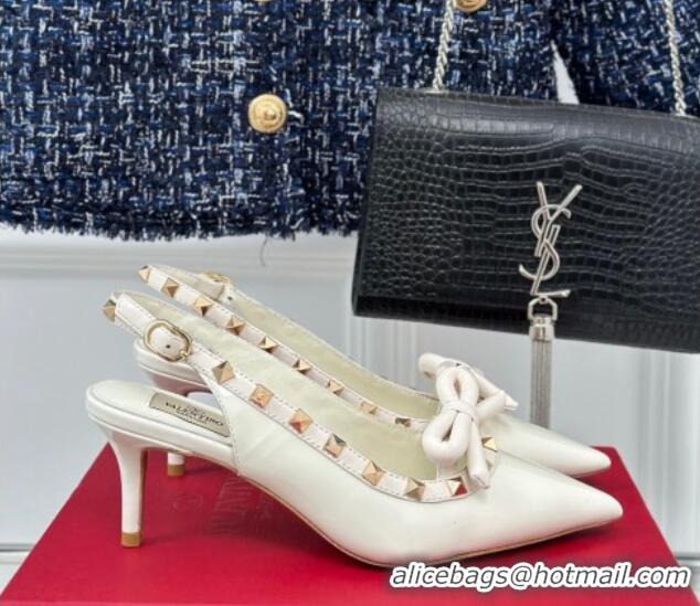 Grade Valentino Rockstud Bow Slingback Pumps in Patent Calf Leather 6cm White 1214111