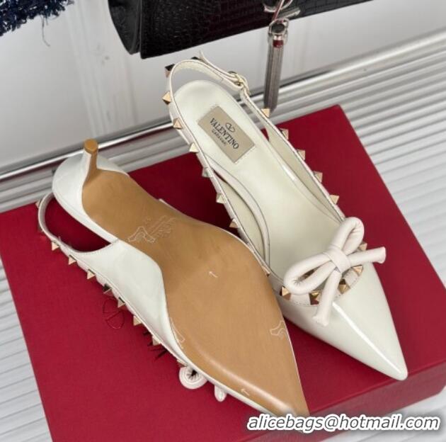 Grade Valentino Rockstud Bow Slingback Pumps in Patent Calf Leather 6cm White 1214111