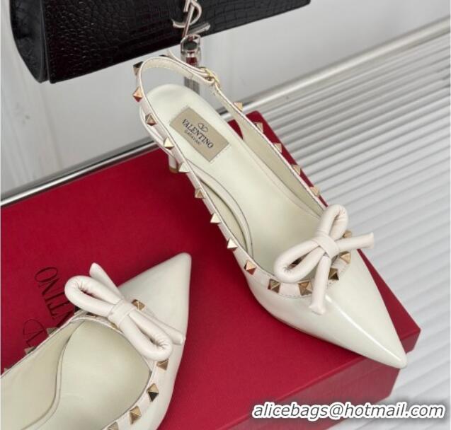 Grade Valentino Rockstud Bow Slingback Pumps in Patent Calf Leather 6cm White 1214111