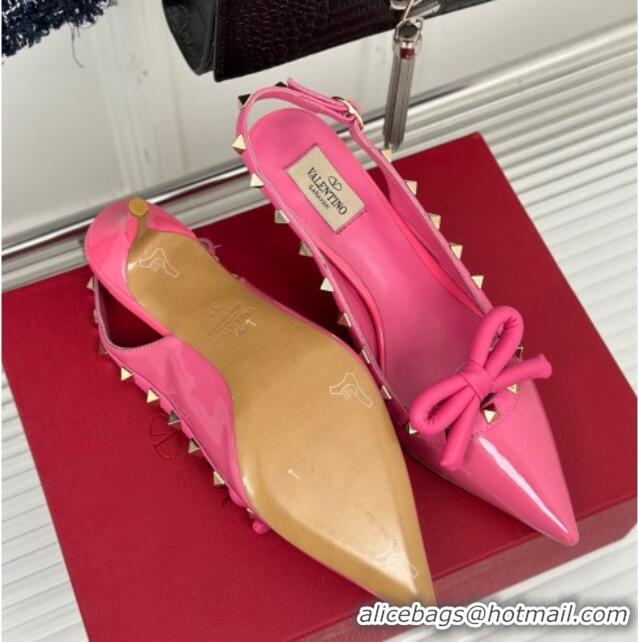 Classic Hot Valentino Rockstud Bow Slingback Pumps in Patent Calf Leather 6cm Pink 1214112