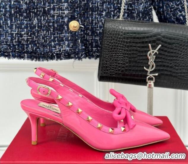 Classic Hot Valentino Rockstud Bow Slingback Pumps in Patent Calf Leather 6cm Pink 1214112