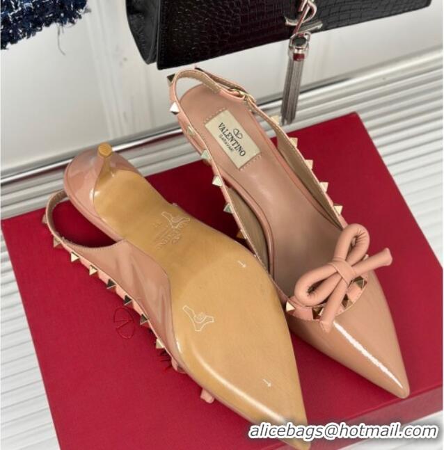 Good Quality Valentino Rockstud Bow Slingback Pumps in Patent Calf Leather 6cm Dark Nude 1214113