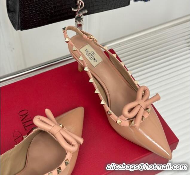 Good Quality Valentino Rockstud Bow Slingback Pumps in Patent Calf Leather 6cm Dark Nude 1214113