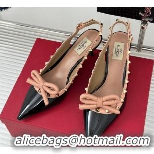 Sumptuous Valentino Rockstud Bow Slingback Pumps in Patent Calf Leather 6cm Black/Nude 214114