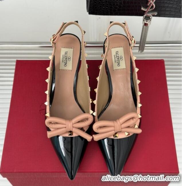 Sumptuous Valentino Rockstud Bow Slingback Pumps in Patent Calf Leather 6cm Black/Nude 214114