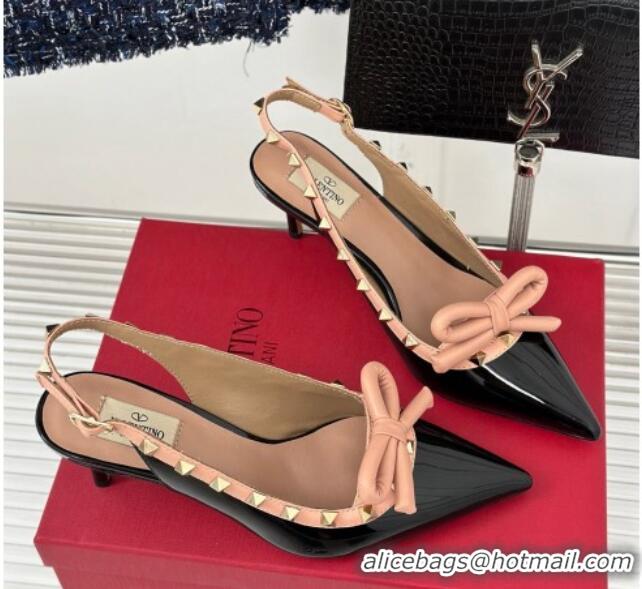 Sumptuous Valentino Rockstud Bow Slingback Pumps in Patent Calf Leather 6cm Black/Nude 214114