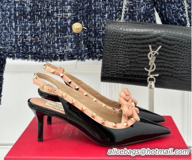 Sumptuous Valentino Rockstud Bow Slingback Pumps in Patent Calf Leather 6cm Black/Nude 214114