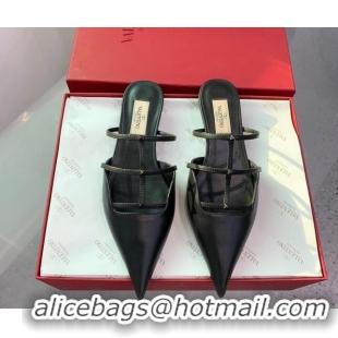 Grade Quality Valentino Rockstud Leather Pointed Flat Mules Black 214115