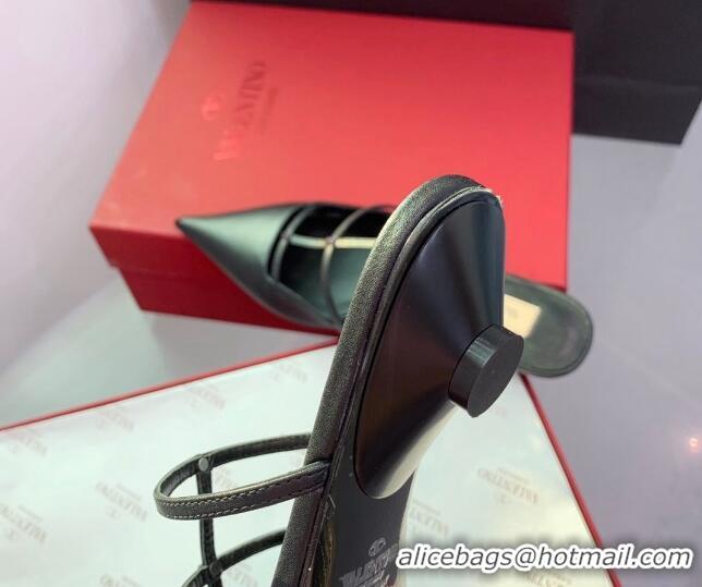 Grade Quality Valentino Rockstud Leather Pointed Flat Mules Black 214115