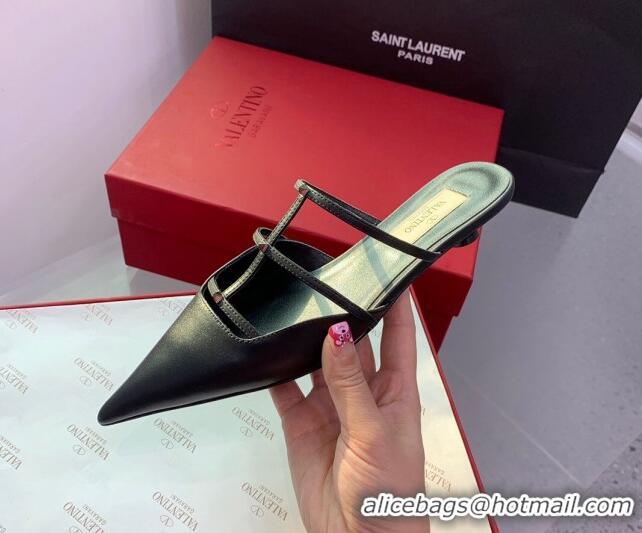 Grade Quality Valentino Rockstud Leather Pointed Flat Mules Black 214115