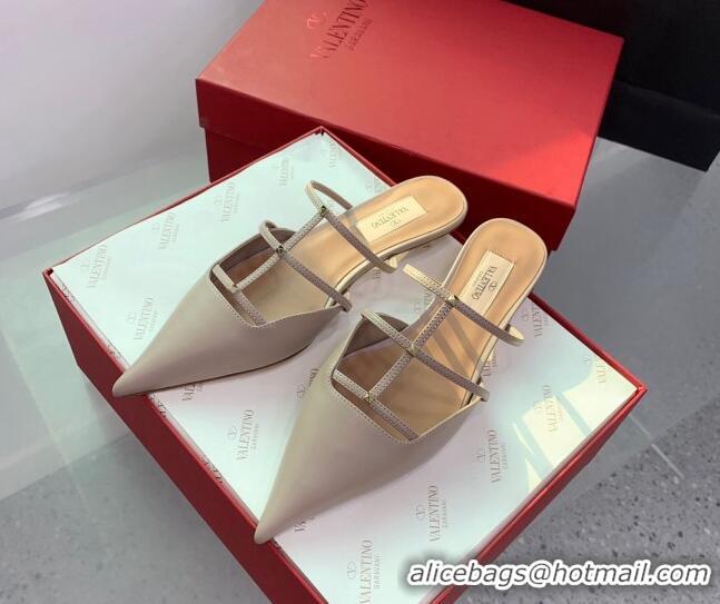 Buy Luxury Valentino Rockstud Leather Pointed Flat Mules Nude 214116