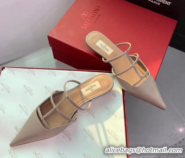 Buy Luxury Valentino Rockstud Leather Pointed Flat Mules Nude 214116