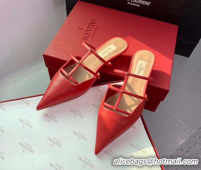 Stylish Valentino Rockstud Leather Pointed Flat Mules Red 1214118