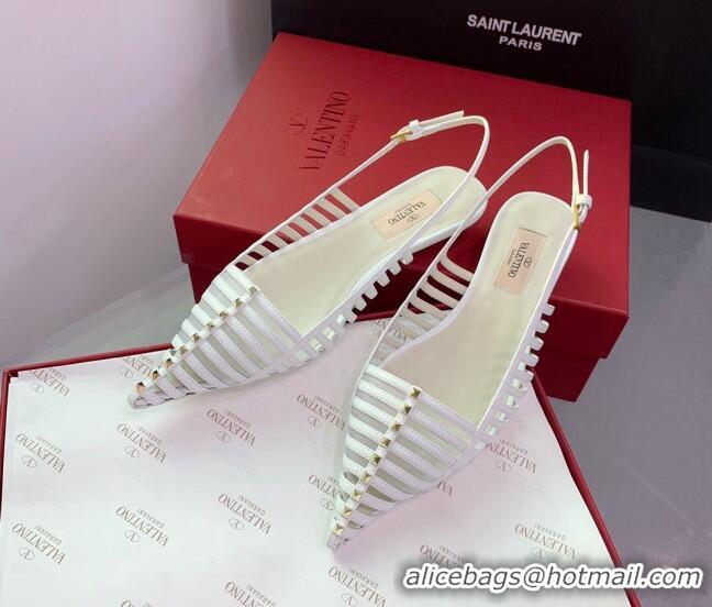 Sophisticated Valentino Rockstud Leather Slingback Pumps with Thin Strap White 1214121