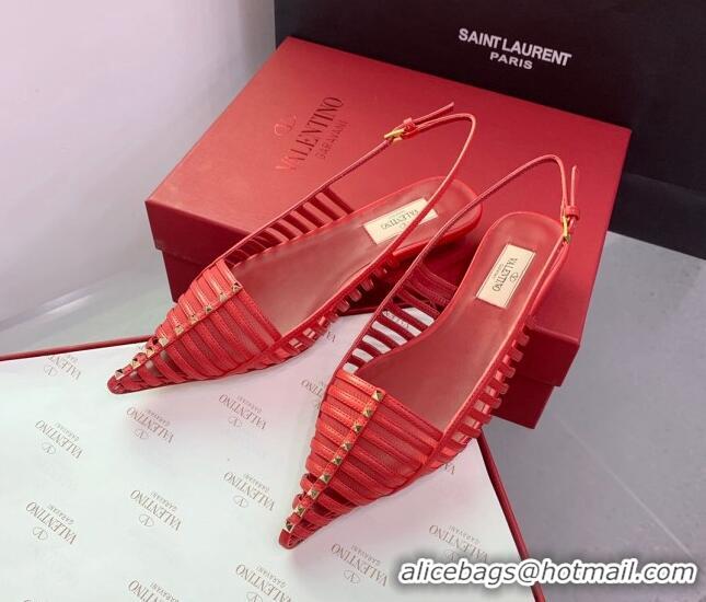 Grade Quality Valentino Rockstud Leather Slingback Pumps with Thin Strap Red 1214122