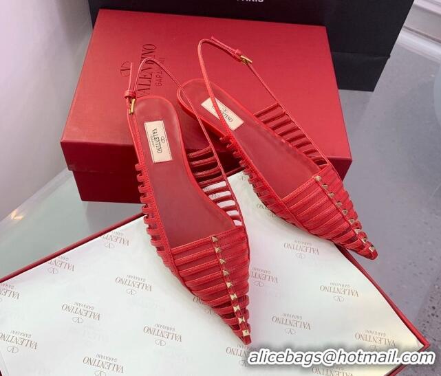 Grade Quality Valentino Rockstud Leather Slingback Pumps with Thin Strap Red 1214122