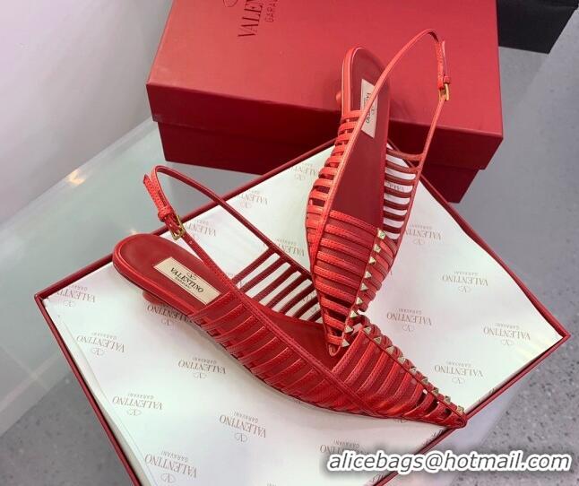 Grade Quality Valentino Rockstud Leather Slingback Pumps with Thin Strap Red 1214122