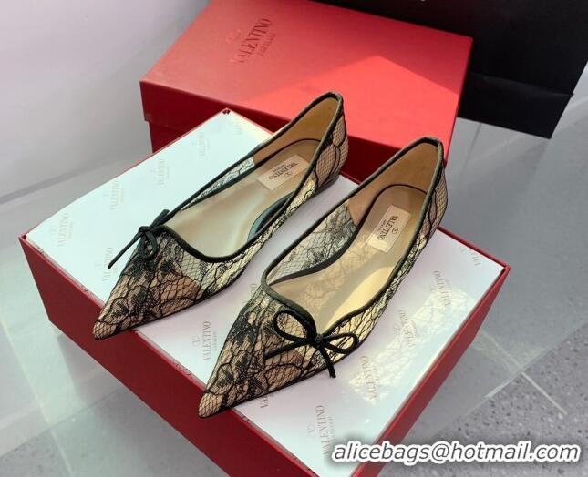 Good Quality Valentino Lace Ballet Flat with Bow Black 1214128