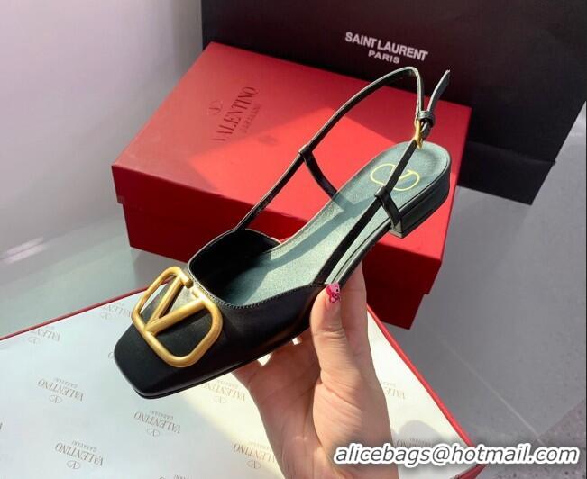 Top Grade Valentino Metal-Tone VLogo Leather Slingback Sandals Black/Gold 1214129