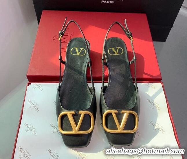 Top Grade Valentino Metal-Tone VLogo Leather Slingback Sandals Black/Gold 1214129