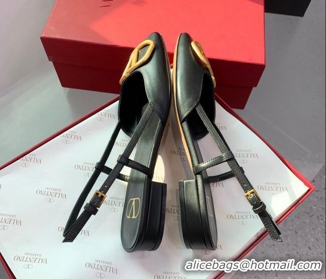 Top Grade Valentino Metal-Tone VLogo Leather Slingback Sandals Black/Gold 1214129