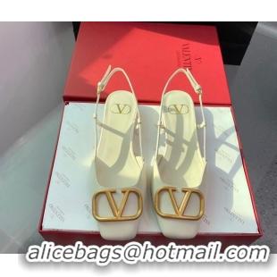 Pretty Style Valentino Metal-Tone VLogo Leather Slingback Sandals White 1214130