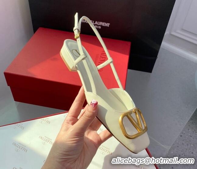 Pretty Style Valentino Metal-Tone VLogo Leather Slingback Sandals White 1214130