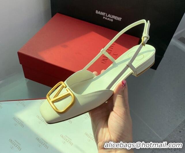 Pretty Style Valentino Metal-Tone VLogo Leather Slingback Sandals White 1214130