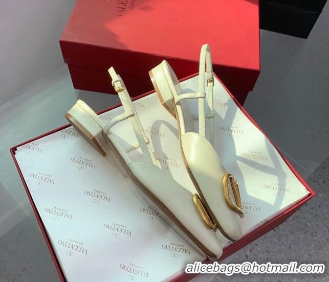 Pretty Style Valentino Metal-Tone VLogo Leather Slingback Sandals White 1214130