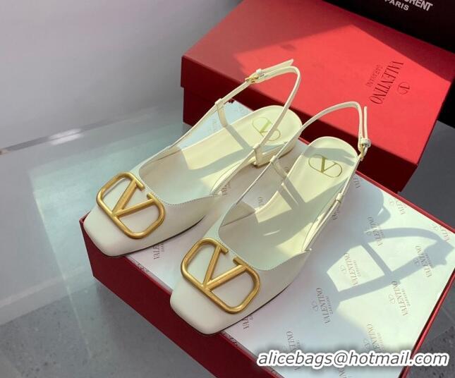 Pretty Style Valentino Metal-Tone VLogo Leather Slingback Sandals White 1214130