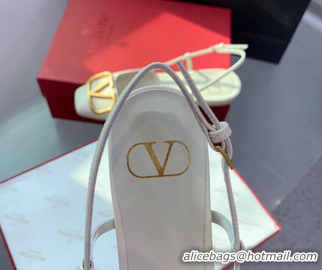 Pretty Style Valentino Metal-Tone VLogo Leather Slingback Sandals White 1214130