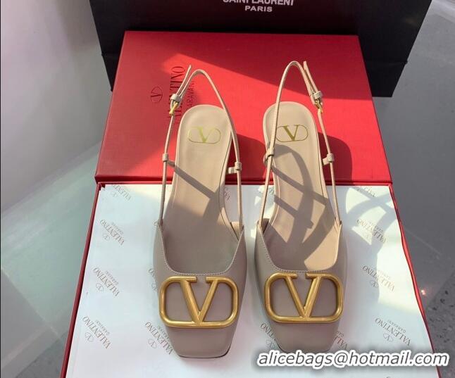 Best Grade Valentino Metal-Tone VLogo Leather Slingback Sandals Powder Pink 1214131