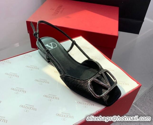 Durable Valentino Metal-Tone VLogo Leather Slingback Sandals Black/Silver 1214132