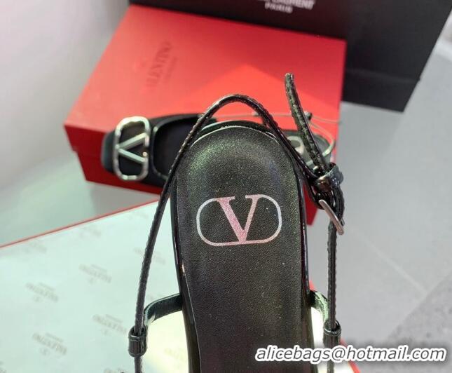 Durable Valentino Metal-Tone VLogo Leather Slingback Sandals Black/Silver 1214132