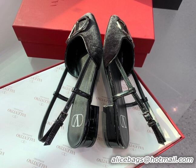 Durable Valentino Metal-Tone VLogo Leather Slingback Sandals Black/Silver 1214132