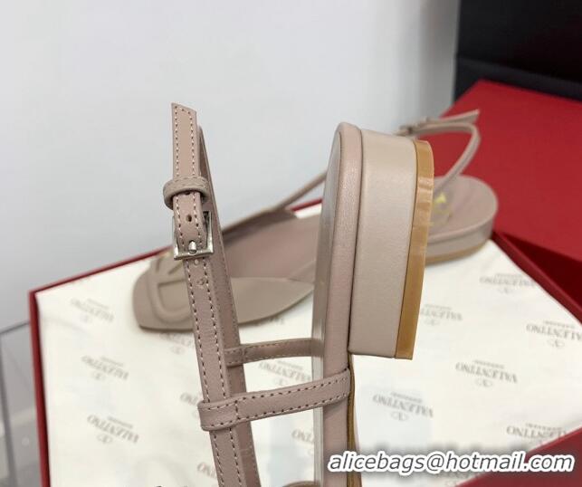 Classic Hot Valentino VLogo Calf Leather Slingback Sandals Light Grey 1214135