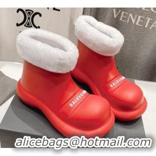 Unique Style Balenciaga Trooper Rubber Rain Boots with Round Toe and Fur Red 1121088