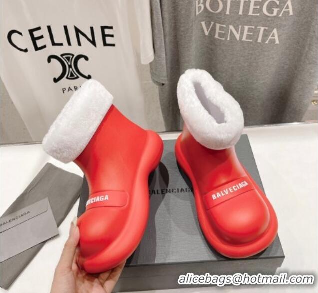 Unique Style Balenciaga Trooper Rubber Rain Boots with Round Toe and Fur Red 1121088